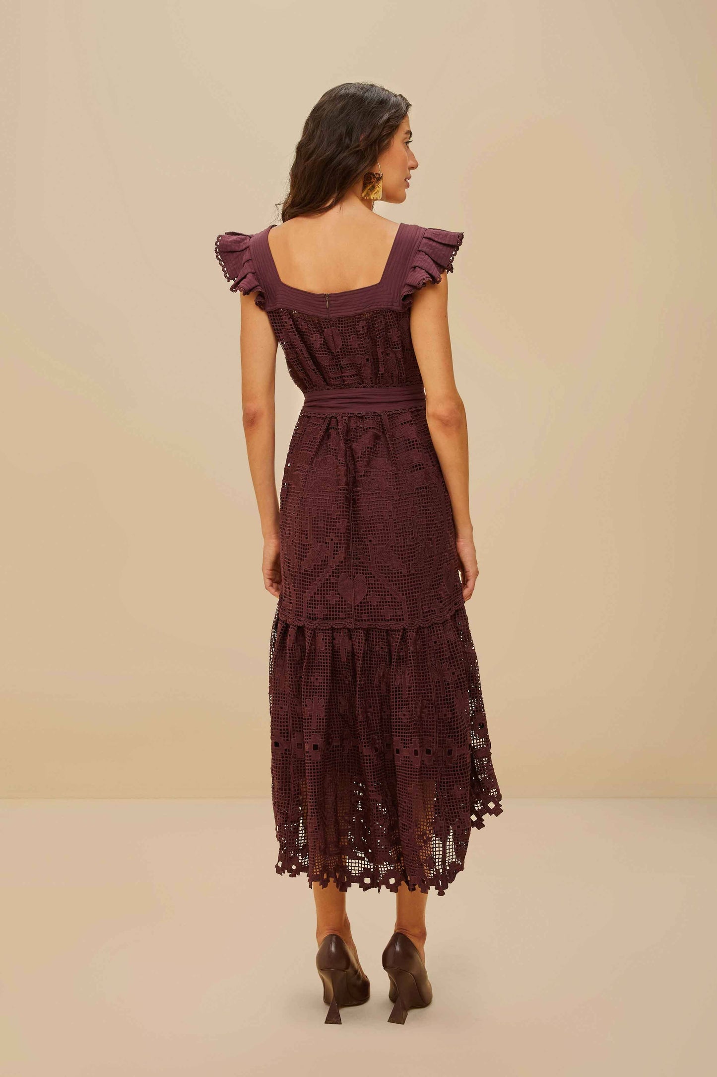  Brown Pineapple Guipure Midi Dress