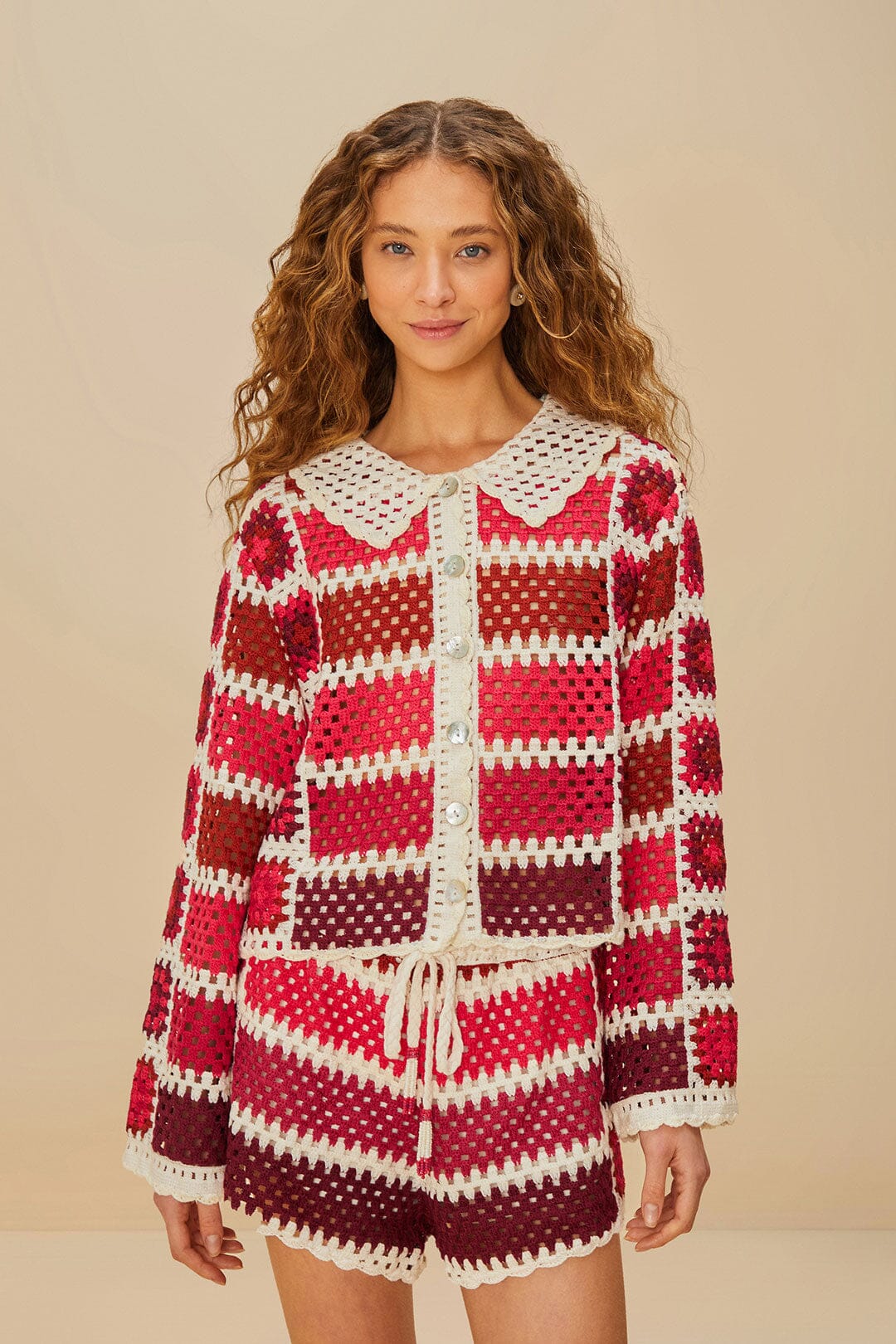  Red Colorful Crochet Tiles Shorts