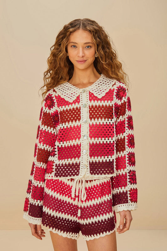  Red Colorful Crochet Tiles Shorts