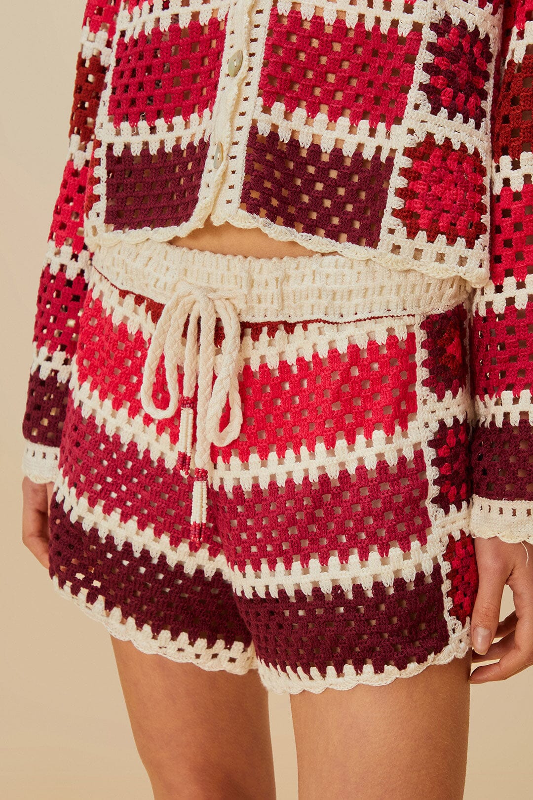  Red Colorful Crochet Tiles Shorts
