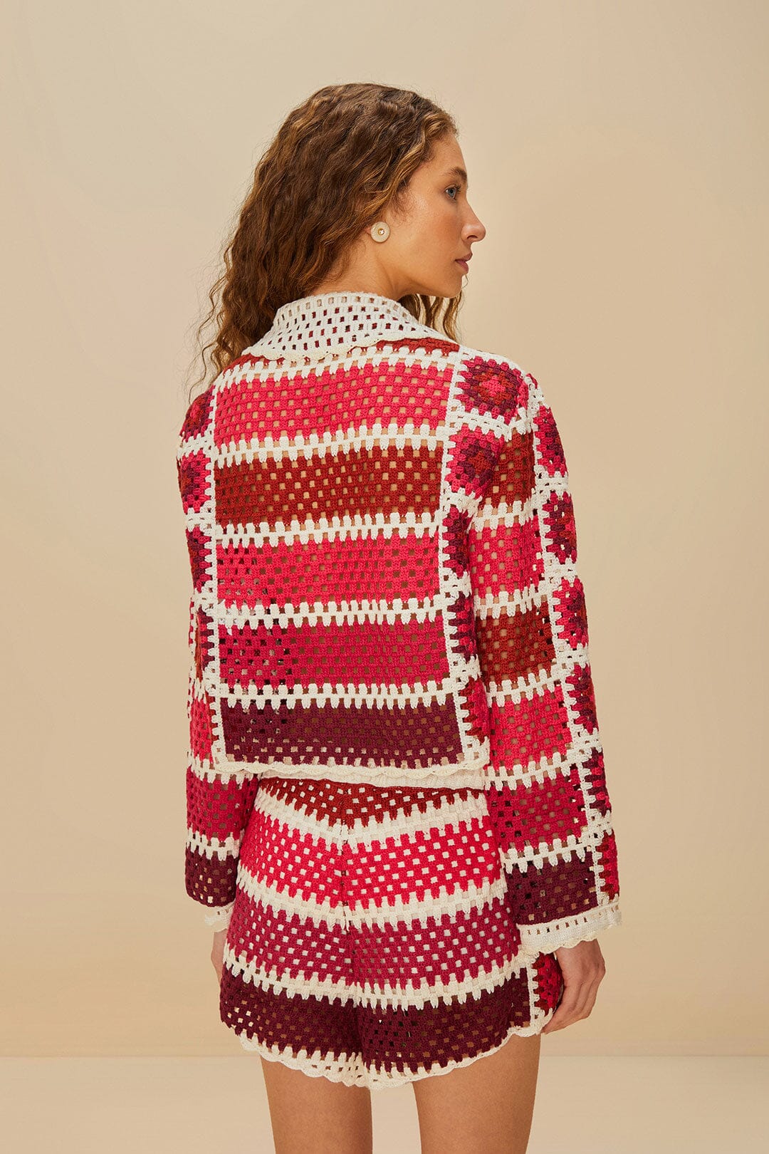  Red Colorful Crochet Tiles Shorts