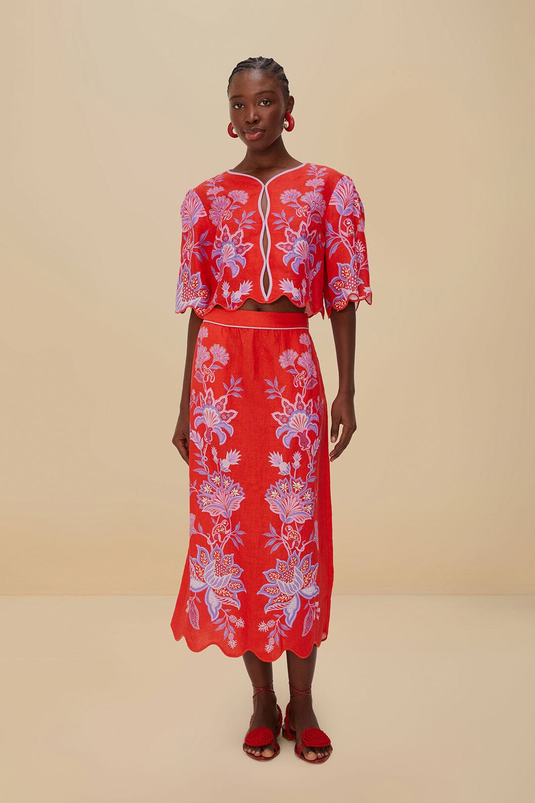  Red Porcelain Garden Euroflax™ Premium Linen Midi Skirt