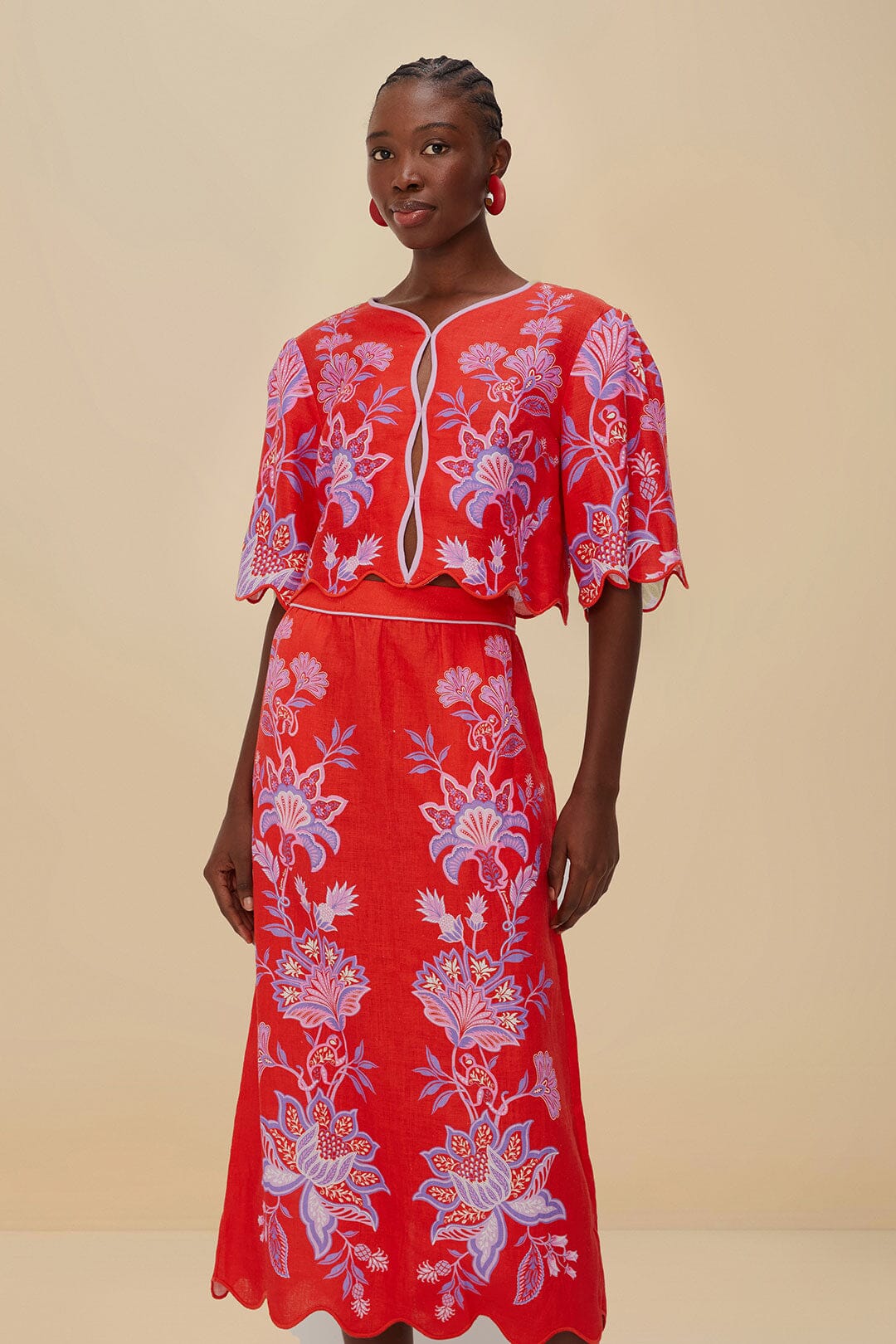  Red Porcelain Garden Euroflax™ Premium Linen Midi Skirt