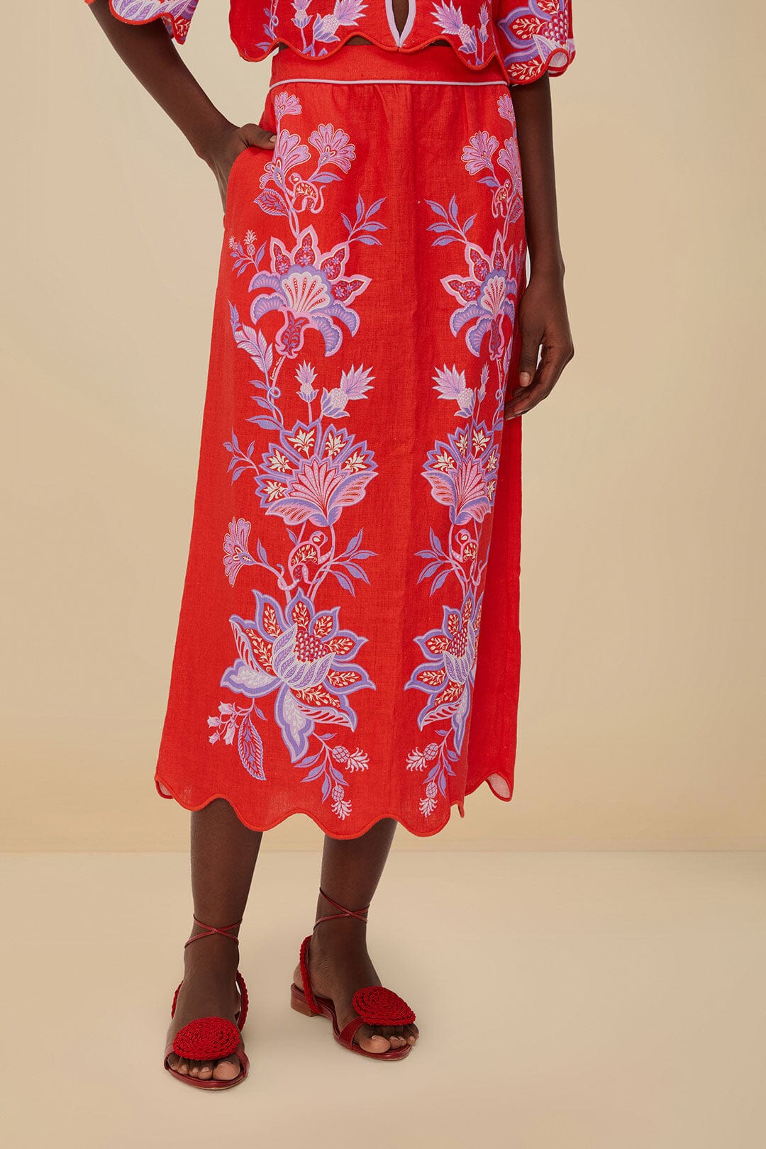  Red Porcelain Garden Euroflax™ Premium Linen Midi Skirt