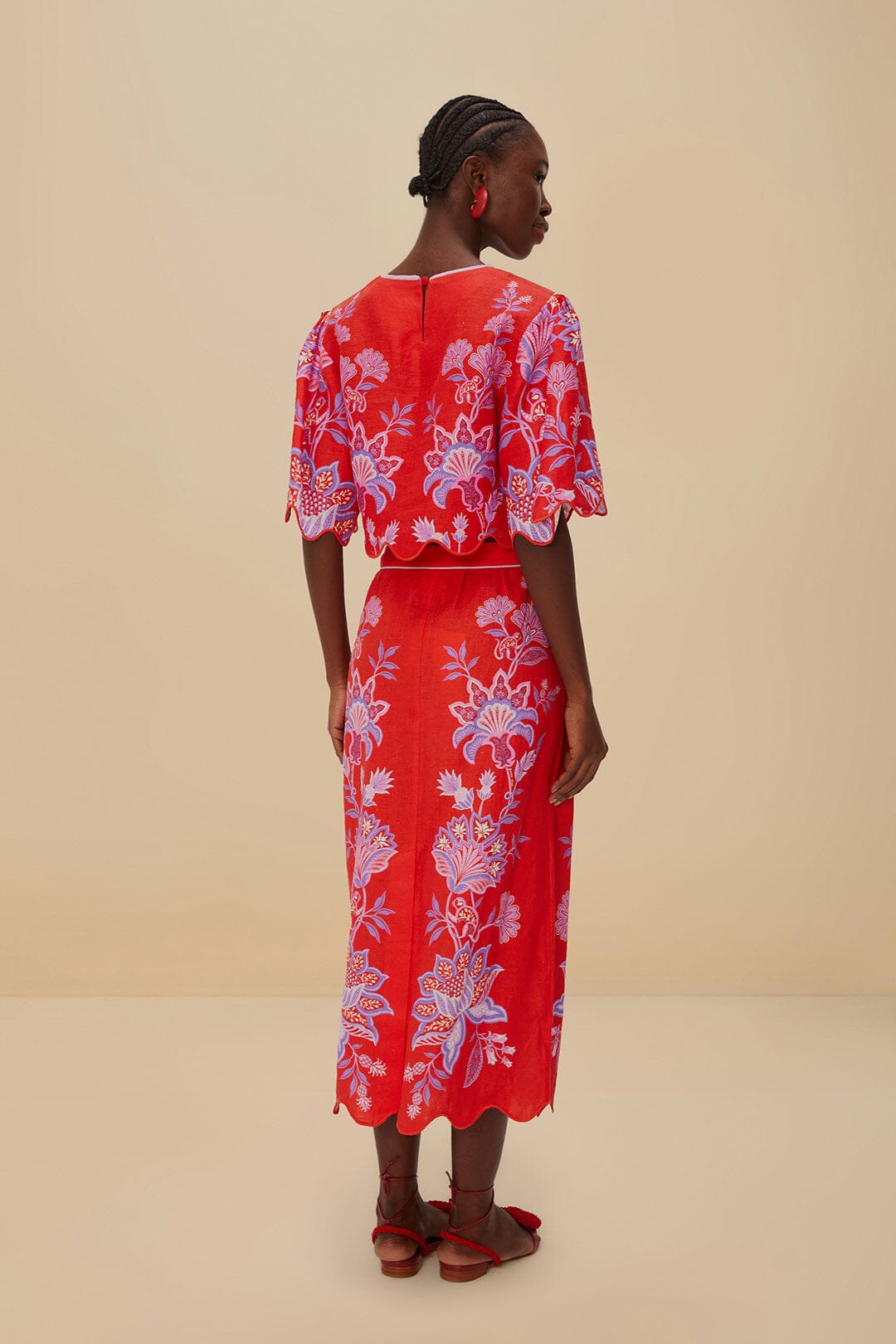  Red Porcelain Garden Euroflax™ Premium Linen Midi Skirt
