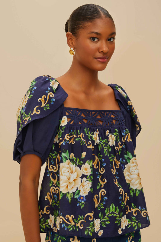  Blue Flower Tapestry Yoke Blouse
