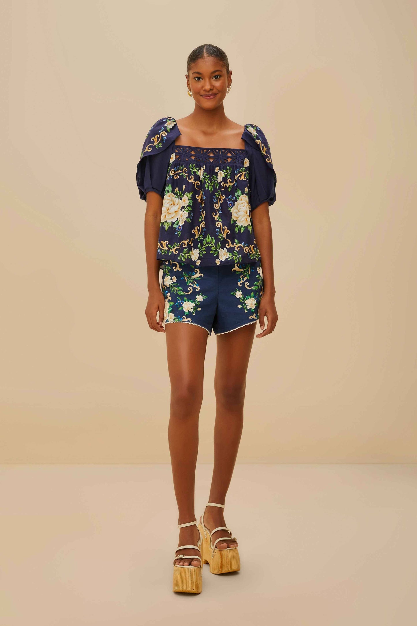  Blue Flower Tapestry Yoke Blouse