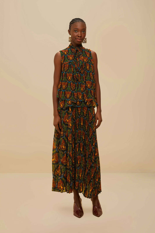  Black Boho Panther Pleated Maxi Skirt