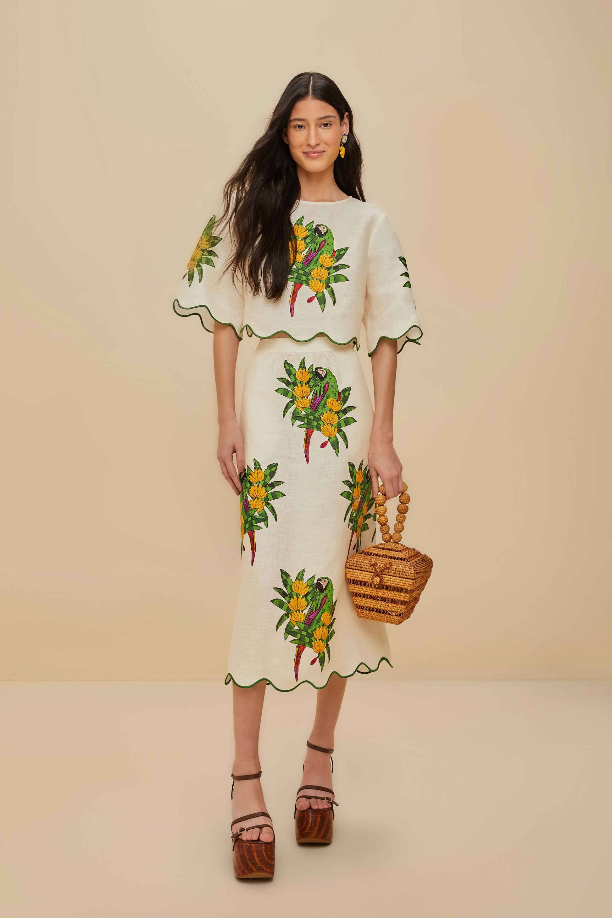  Off-White Maracana Bird Euroflax™ Premium Linen Midi Skirt