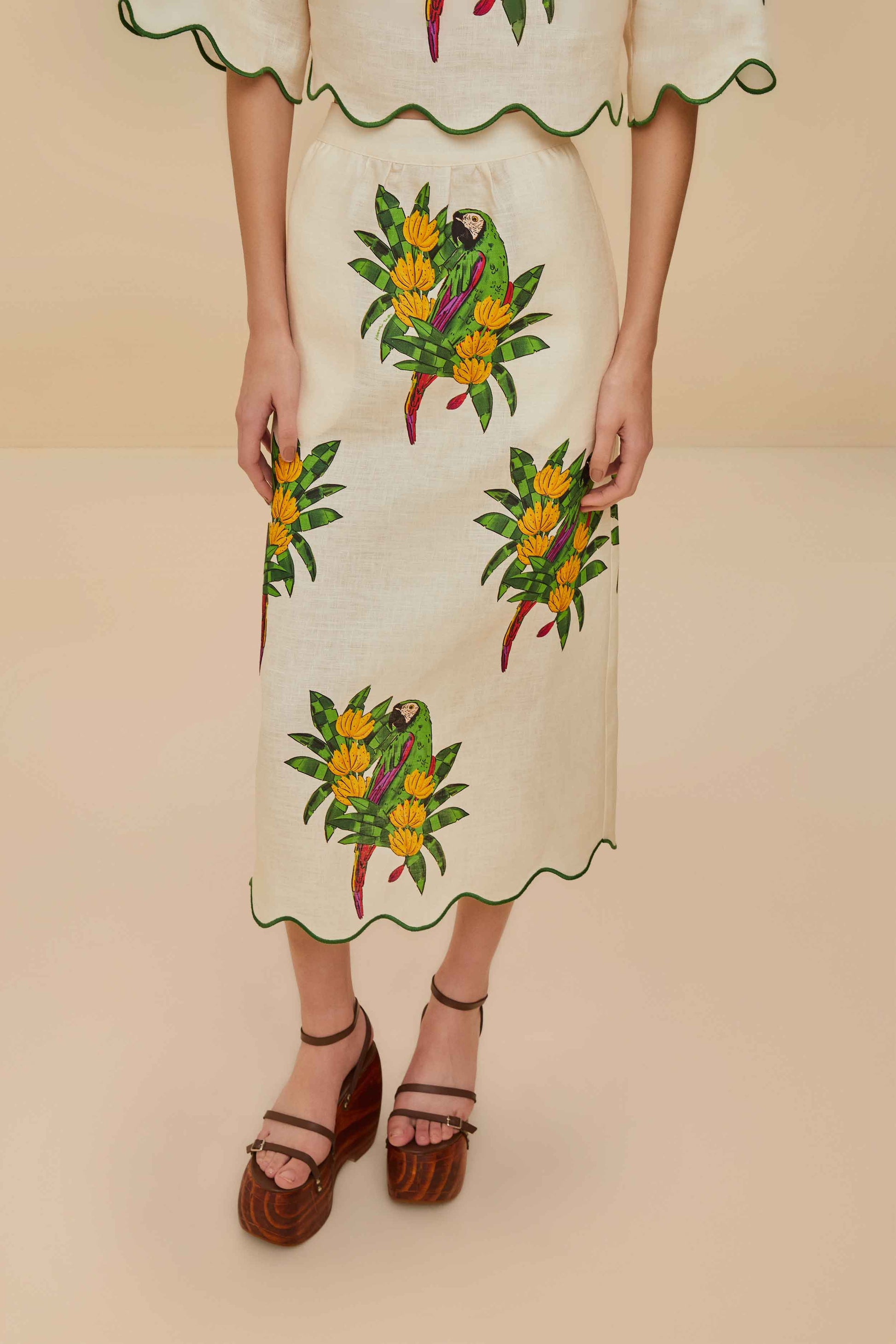  Off-White Maracana Bird Euroflax™ Premium Linen Midi Skirt