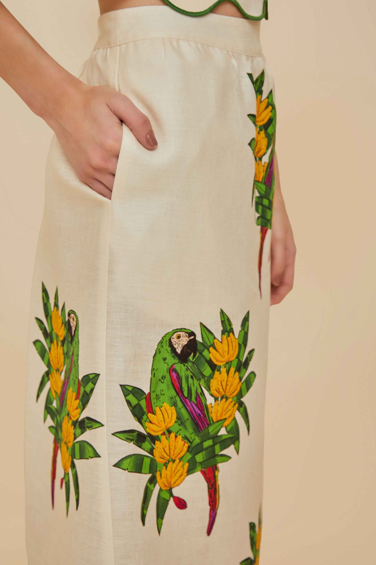  Off-White Maracana Bird Euroflax™ Premium Linen Midi Skirt