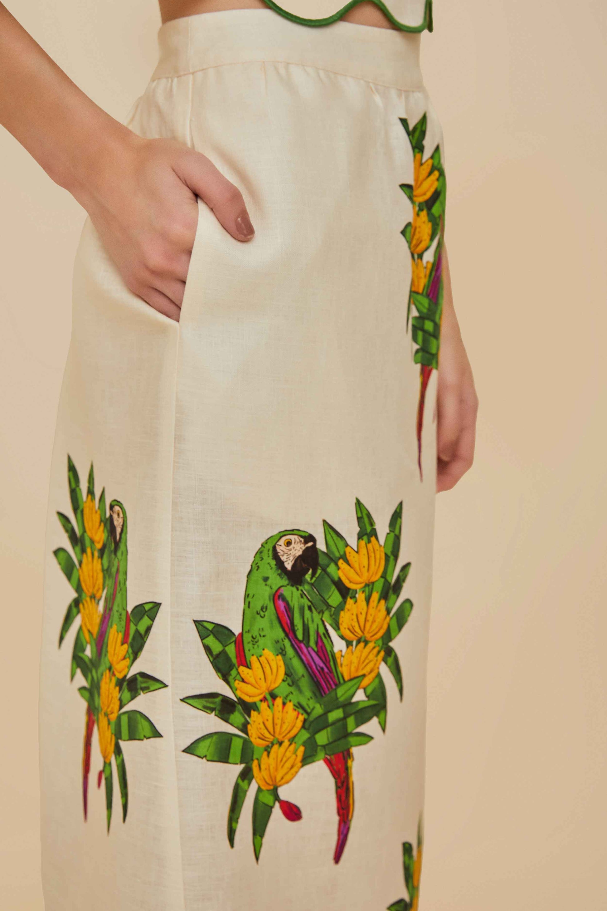  Off-White Maracana Bird Euroflax™ Premium Linen Midi Skirt