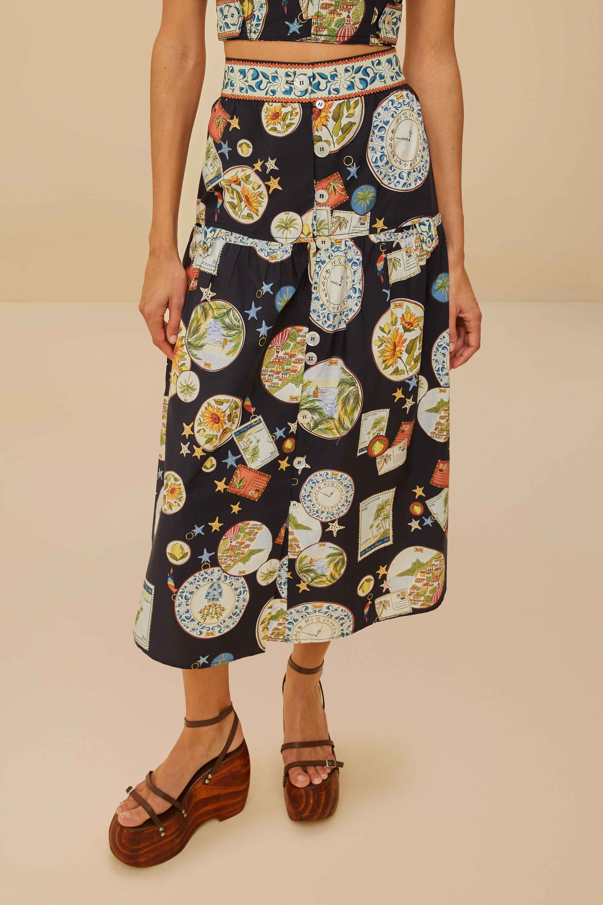  Black Trip Souvenir Organic Cotton Midi Skirt