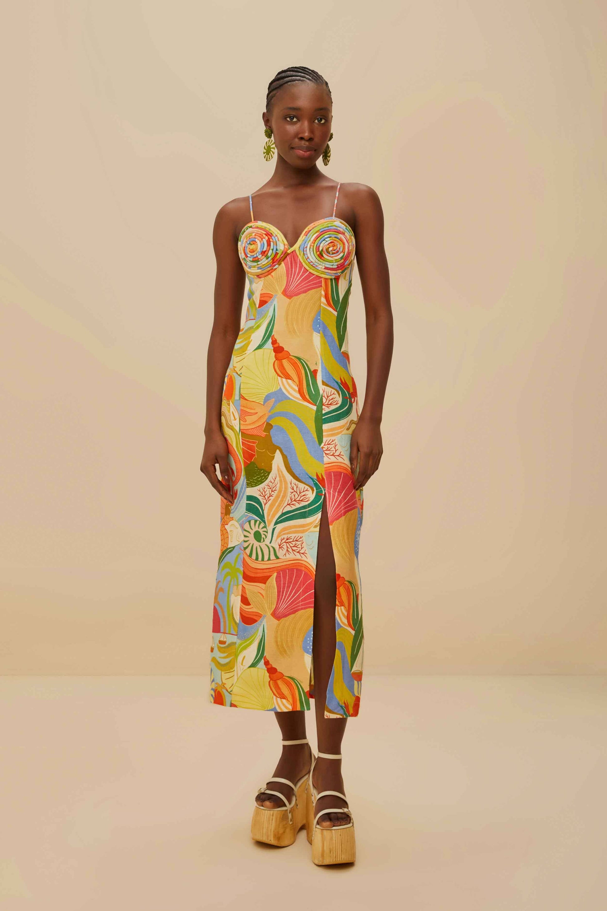  Multicolor Ocean View Twisted Cups Euroflax™ Premium Linen Midi Dress