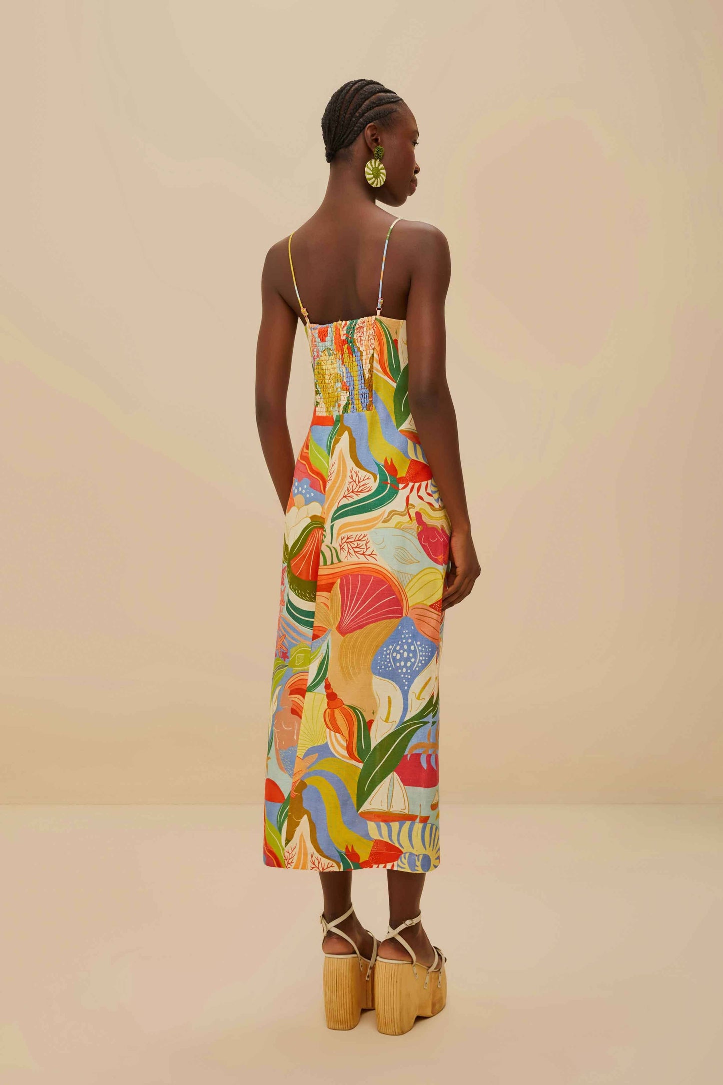  Multicolor Ocean View Twisted Cups Euroflax™ Premium Linen Midi Dress