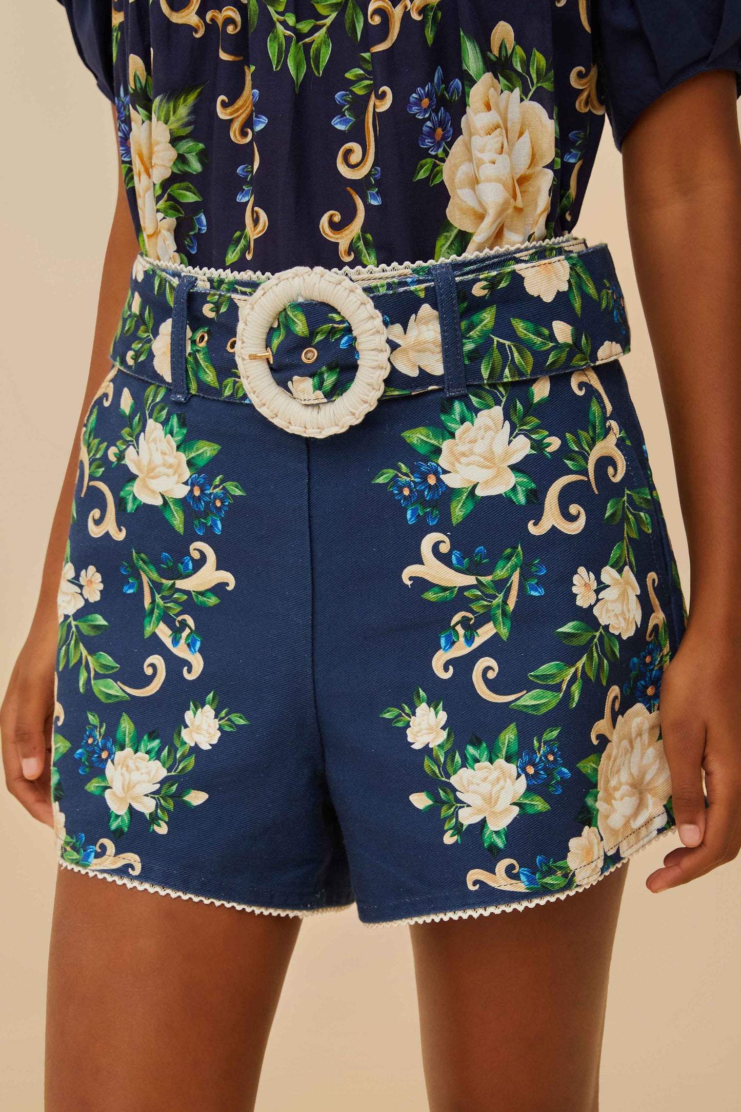  Navy Blue Flower Tapestry Shorts