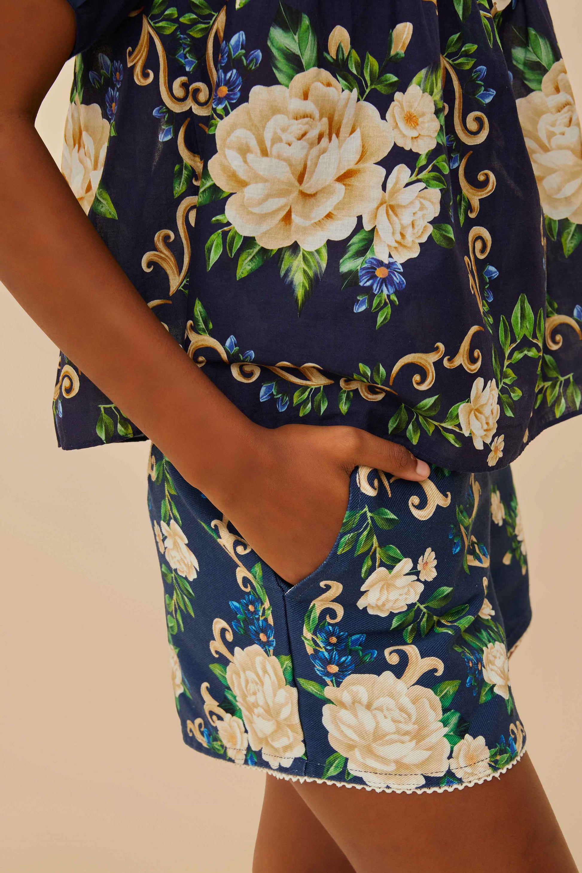  Navy Blue Flower Tapestry Shorts