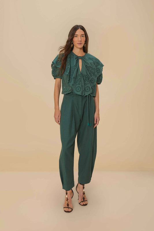  Dark Green Topstitched Clochard Pants