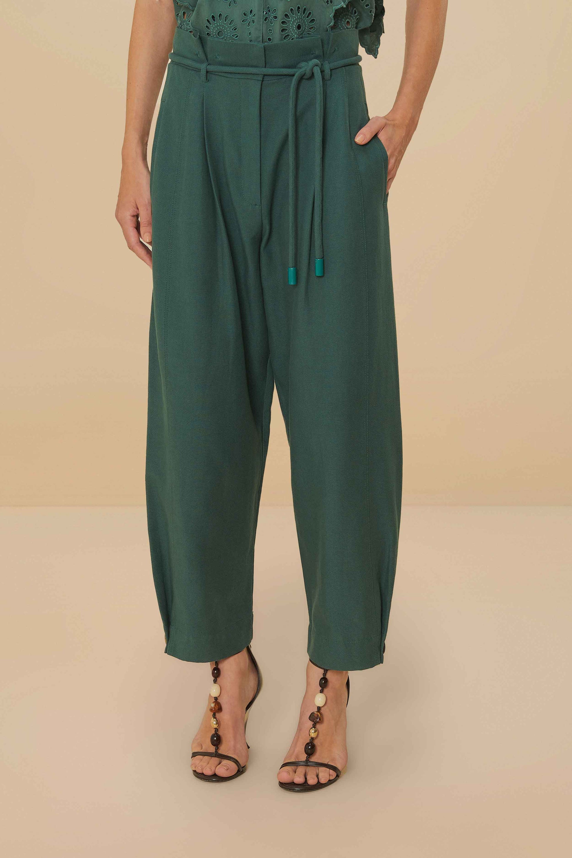 Dark Green Topstitched Clochard Pants