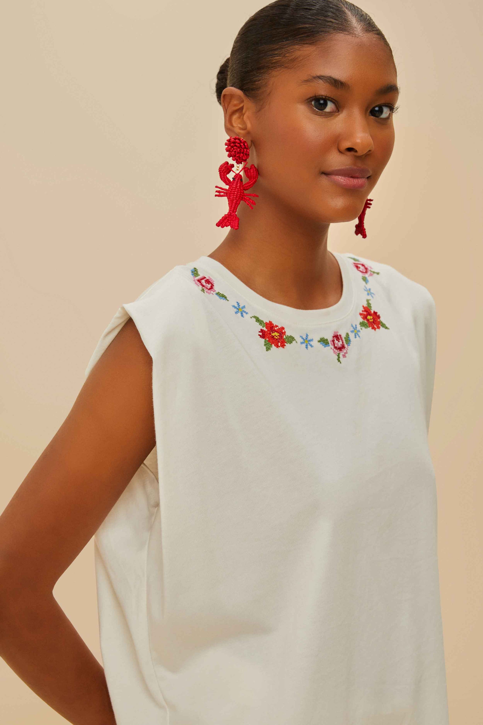  Off-White Cross Stitch Flowers Organic Cotton T-Shirt