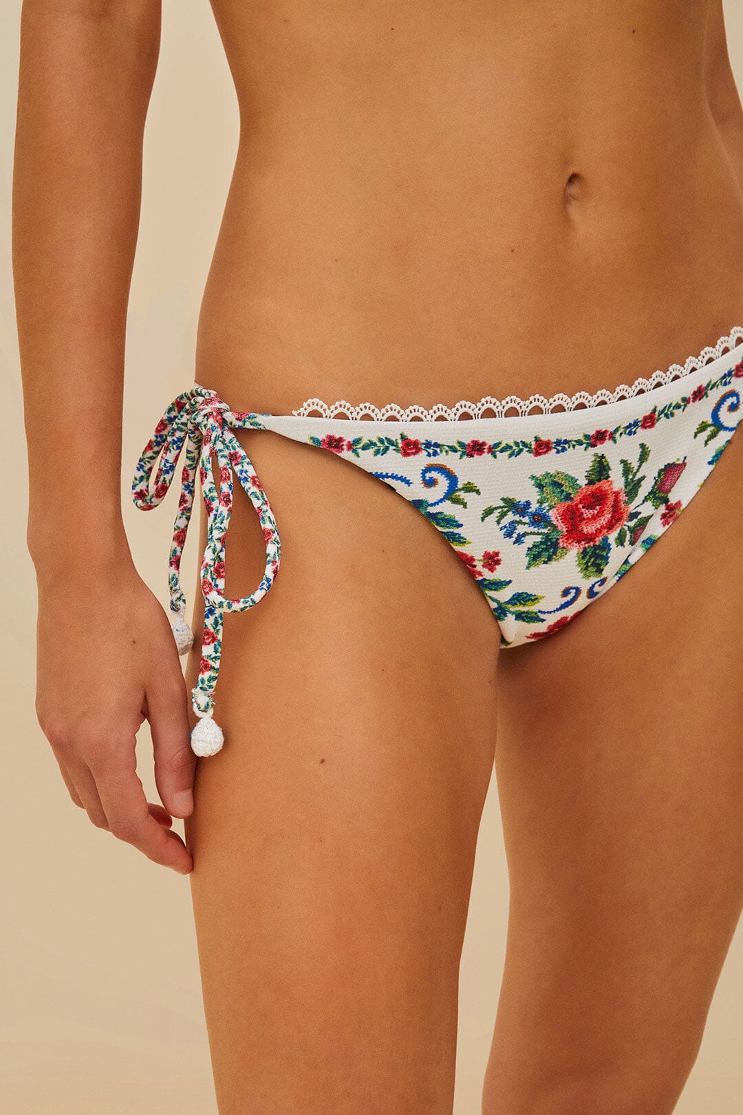  Off-White Flower Tapestry Side Tie Bikini Bottom