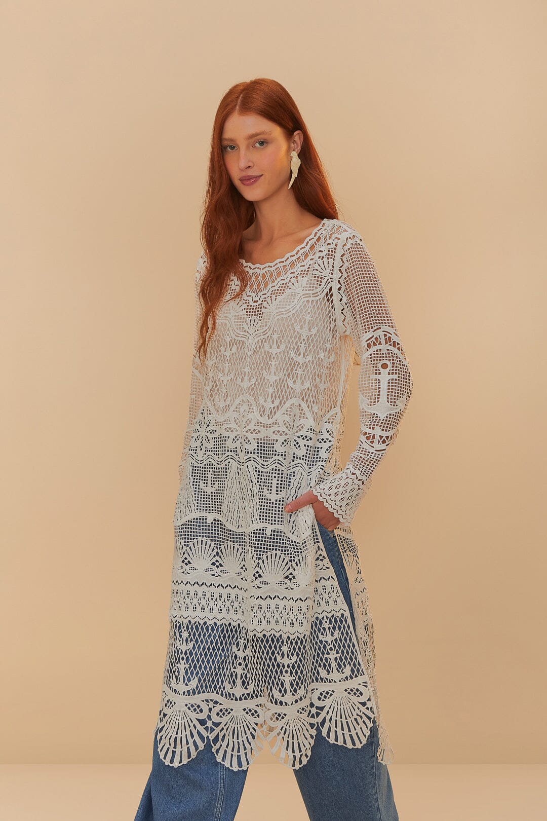  Off-White Nautical Guipure Long Sleeve Midi Dress