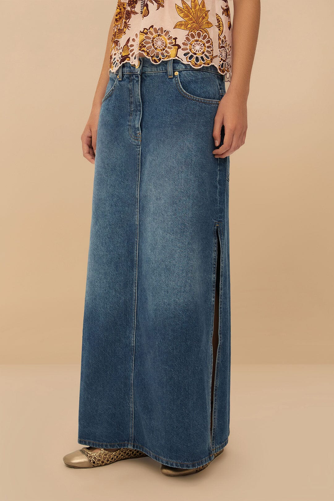  Denim Side Slit Maxi Skirt