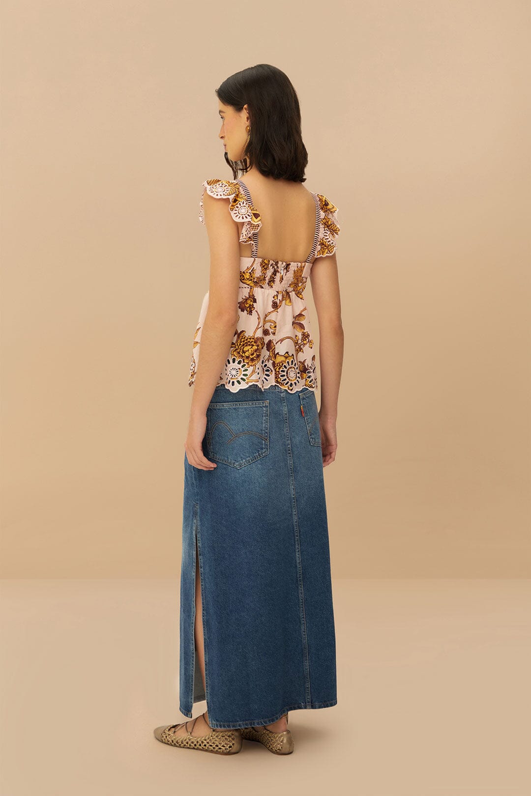  Denim Side Slit Maxi Skirt