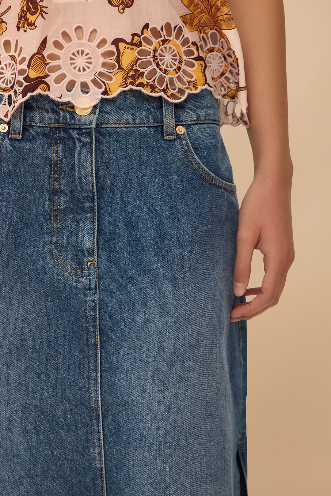  Denim Side Slit Maxi Skirt