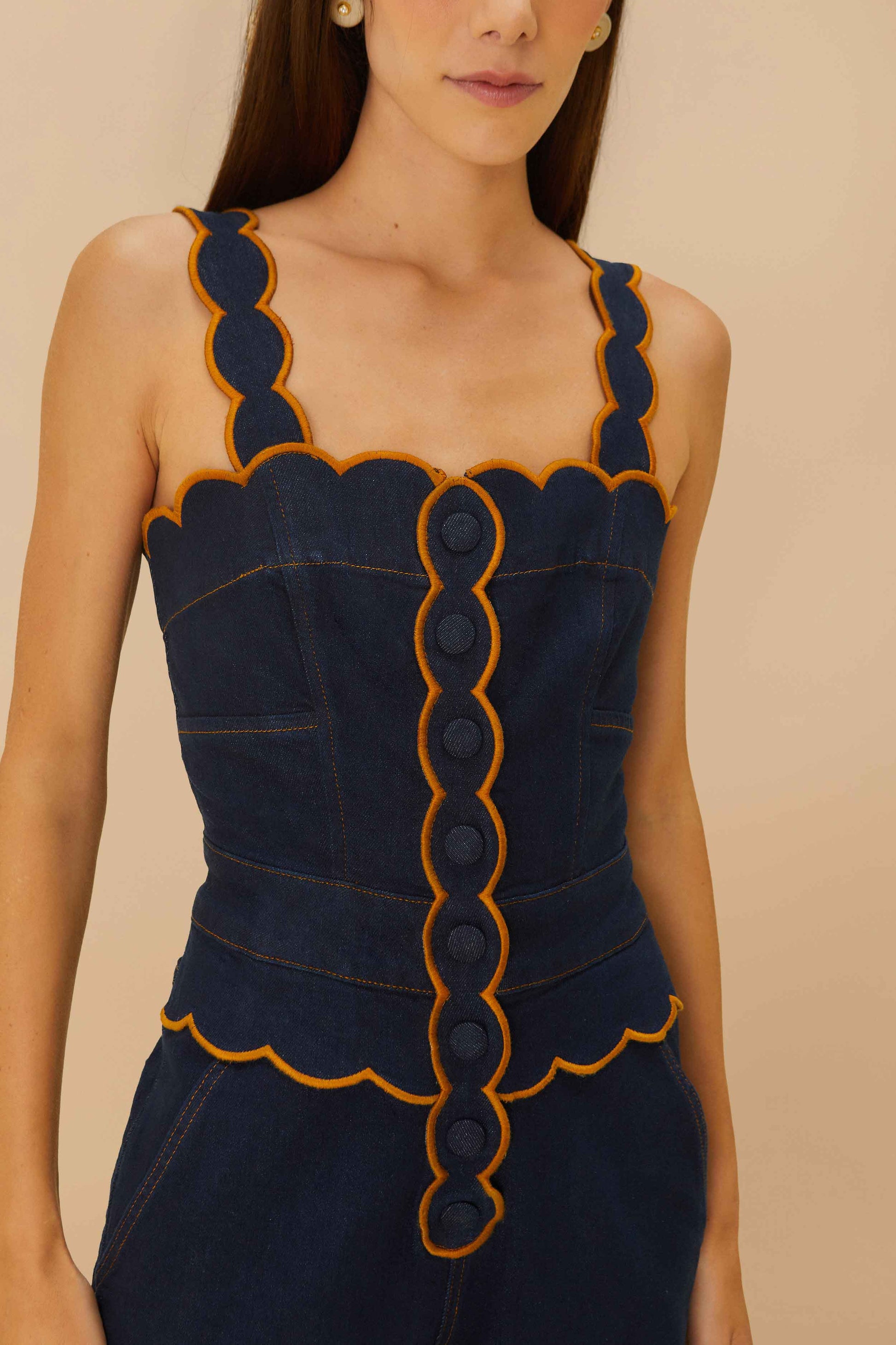  Dark Denim Wavy Trim Jumpsuit