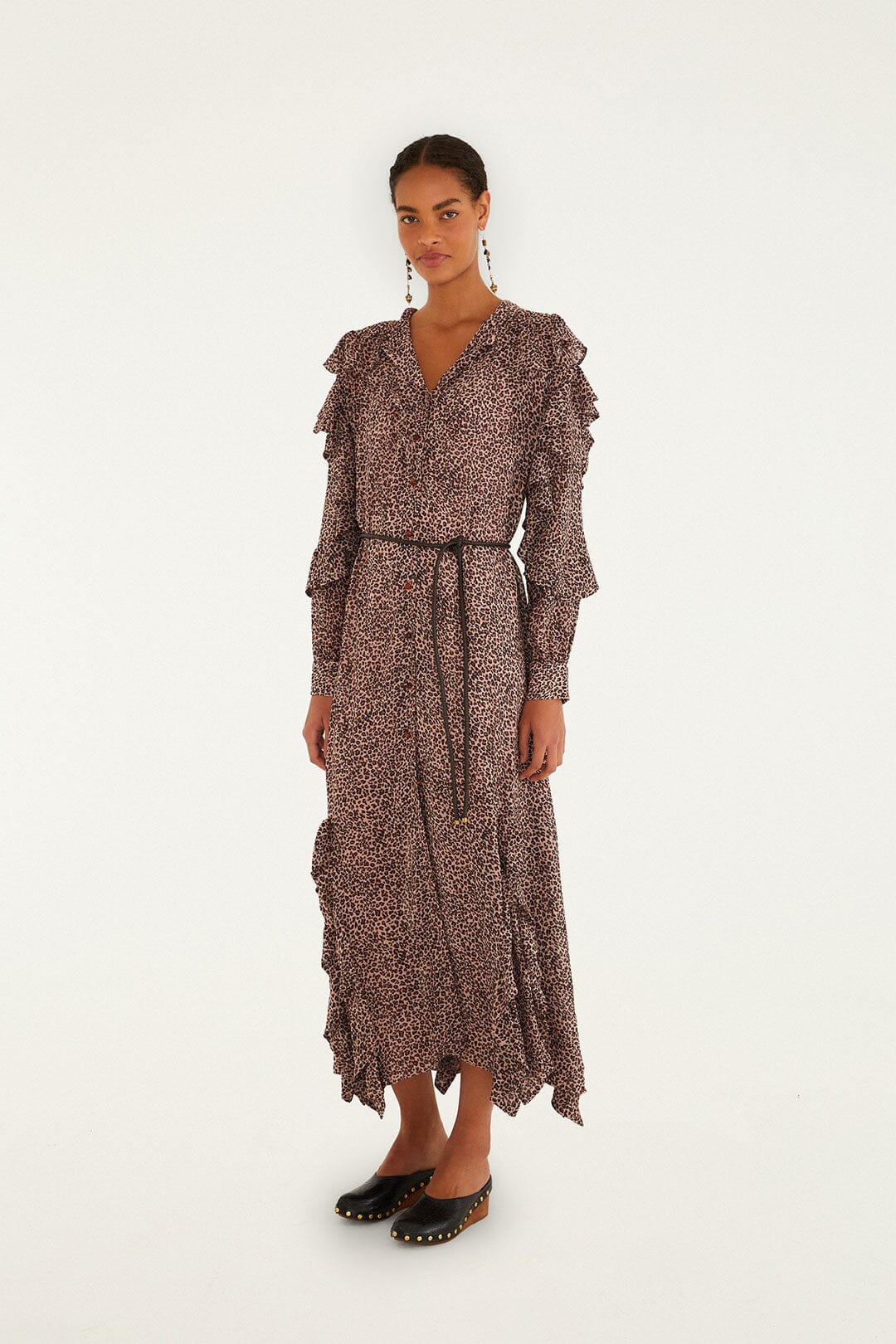 Farm Rio Pink Baby Leopard Long Sleeve Angled Frill Maxi Dress