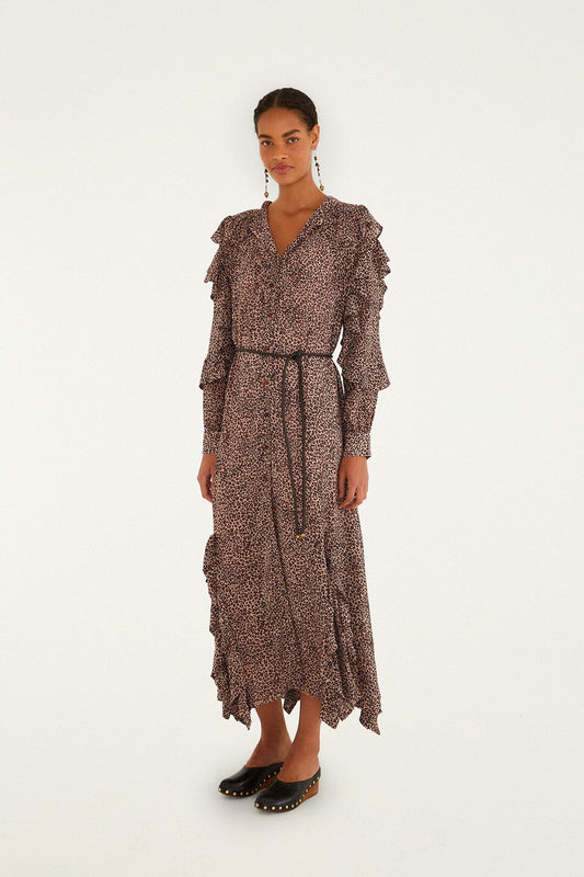 Farm Rio Pink Baby Leopard Long Sleeve Angled Frill Maxi Dress