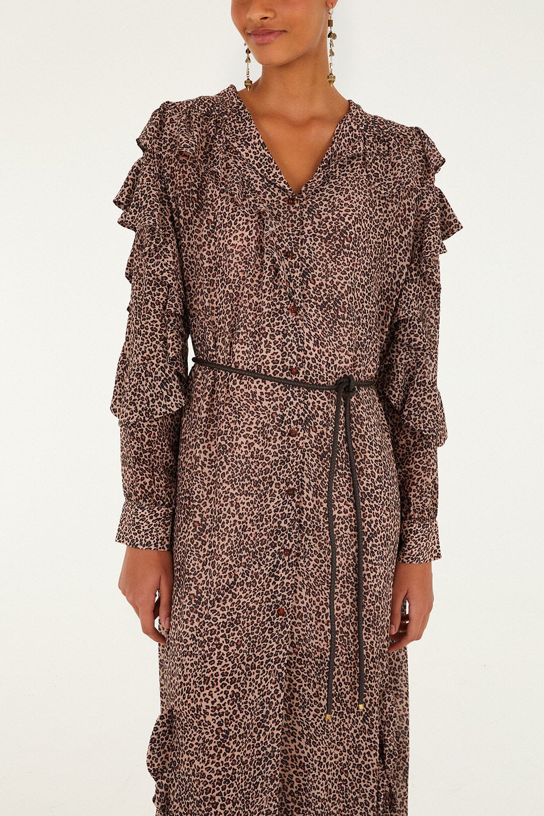 Farm Rio Pink Baby Leopard Long Sleeve Angled Frill Maxi Dress