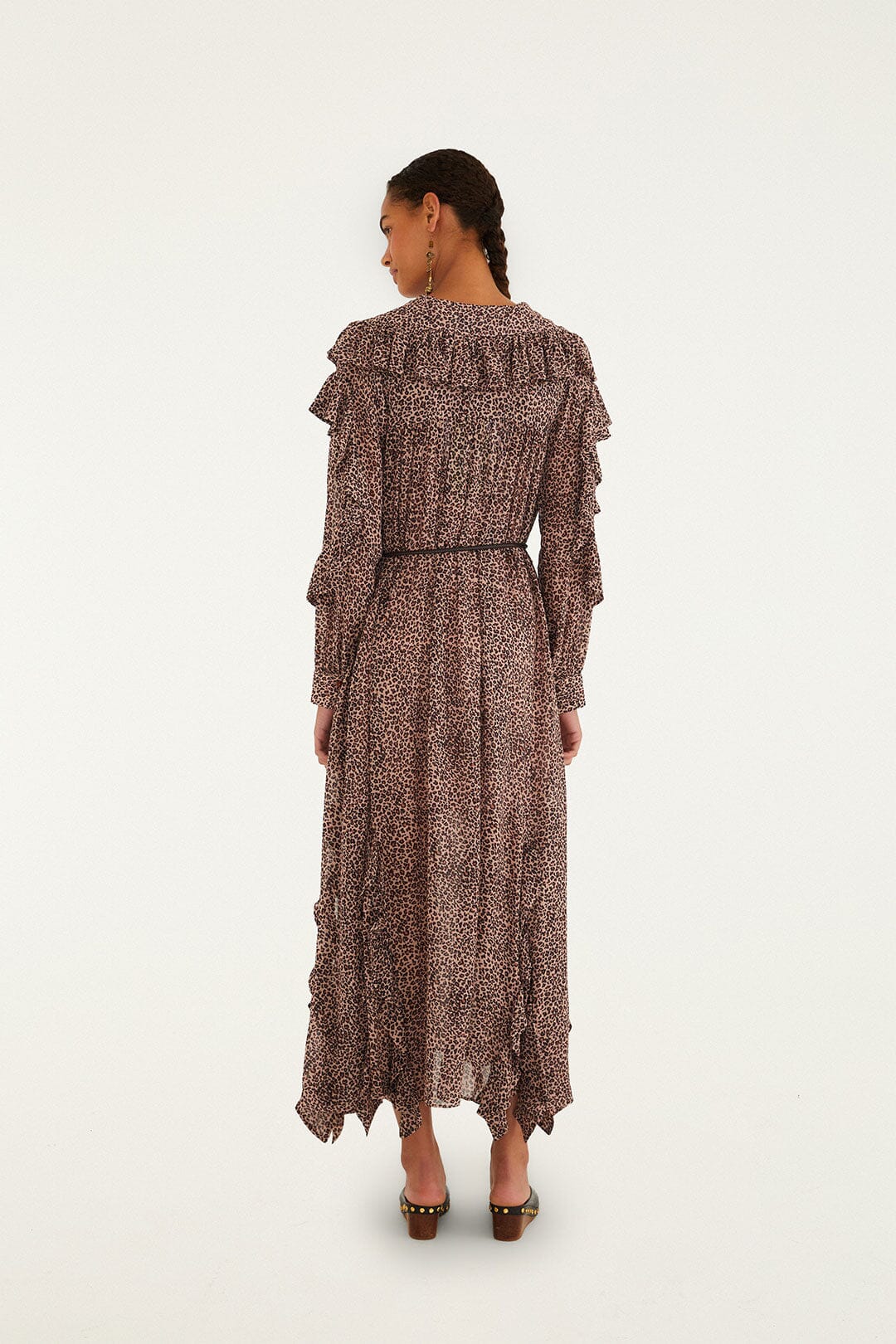 Farm Rio Pink Baby Leopard Long Sleeve Angled Frill Maxi Dress