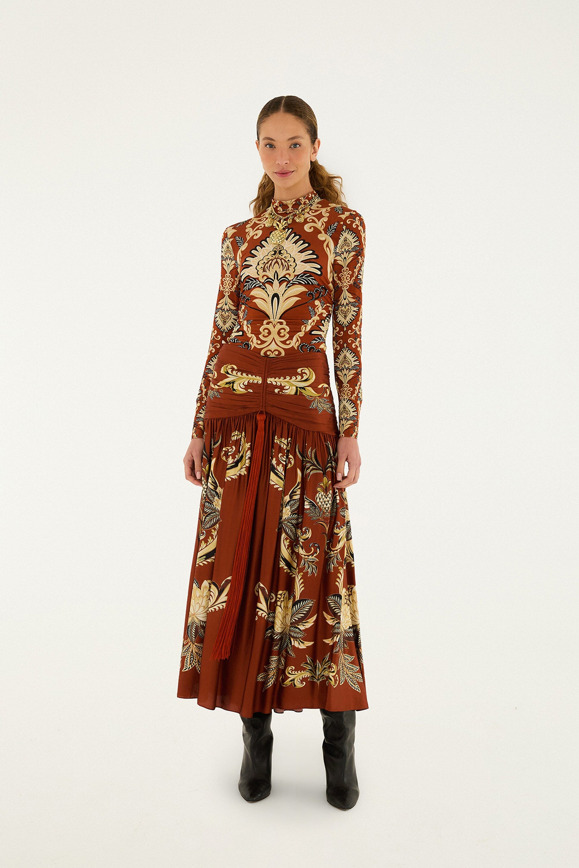 Farm Rio Orange Arabesque Paradise Flower Fringe Lenzing™ Ecovero™ Viscose Midi Skirt