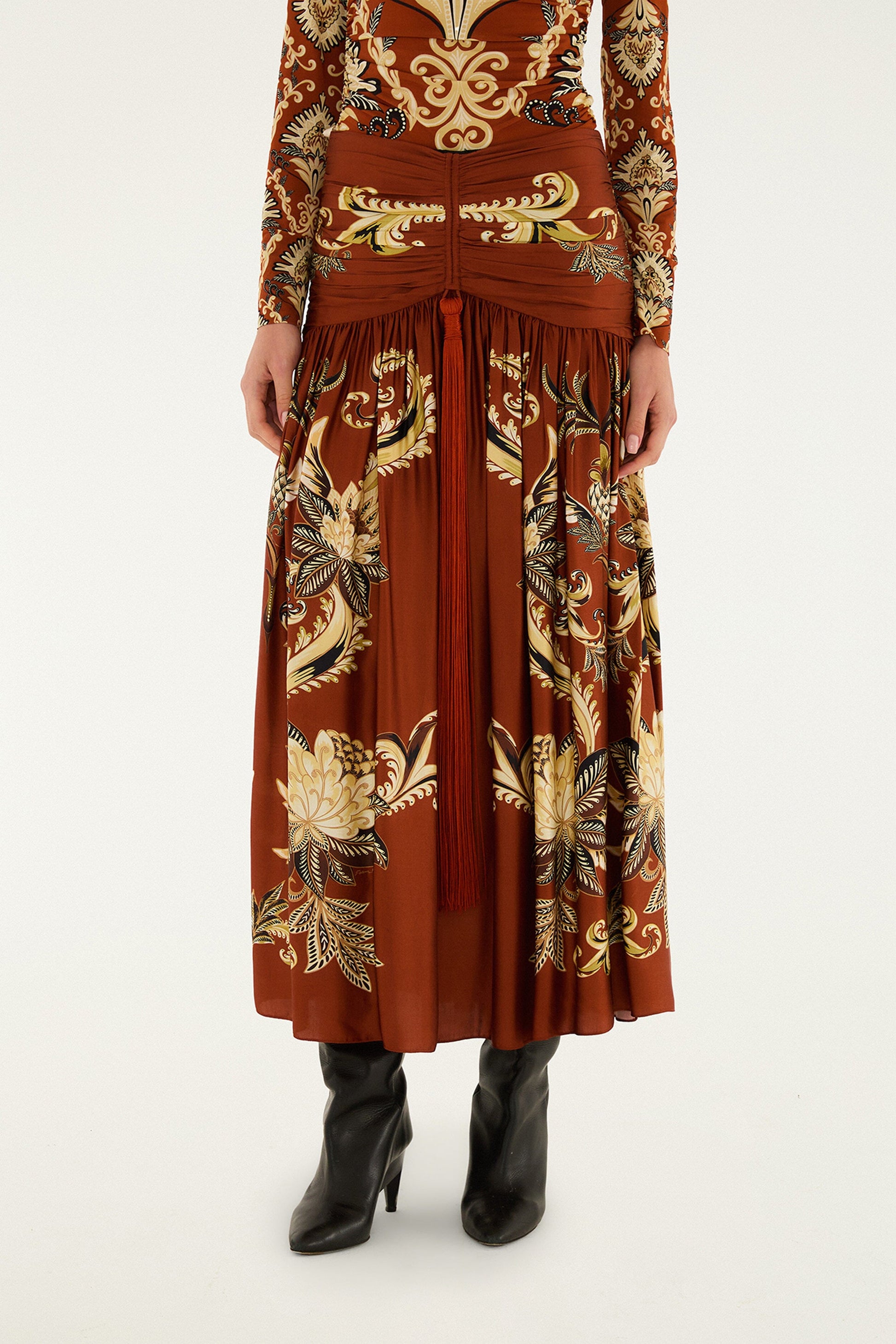 Farm Rio Orange Arabesque Paradise Flower Fringe Lenzing™ Ecovero™ Viscose Midi Skirt