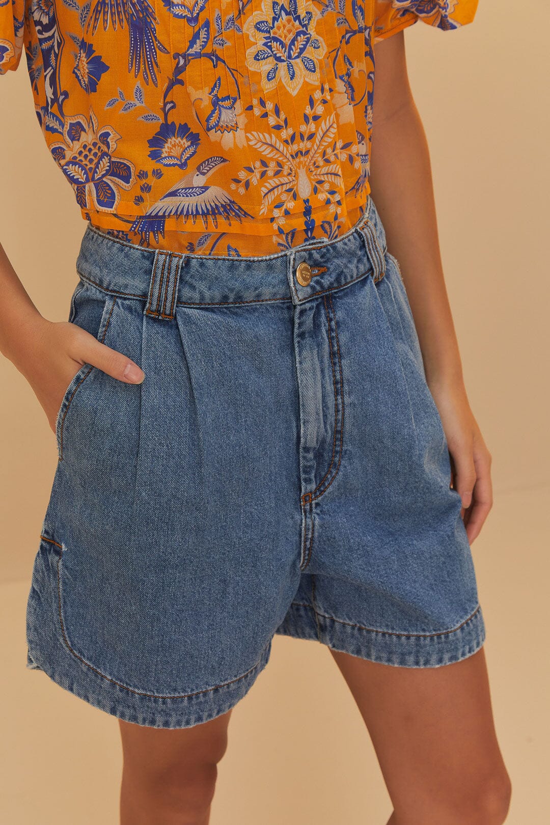 Denim Pleated Shorts