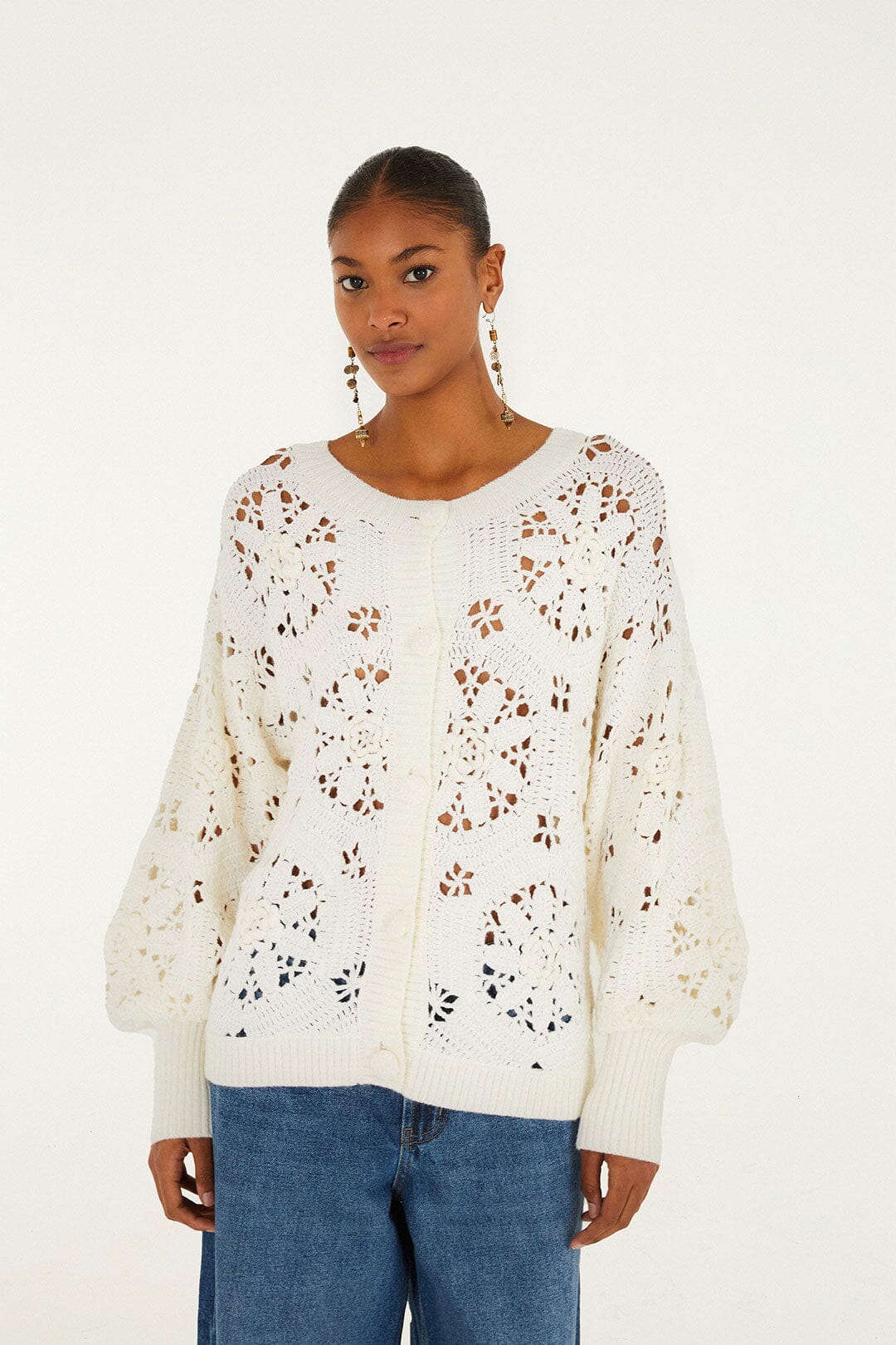 Farm Rio Off-White Crochet 3d Flower Knit Cardigan