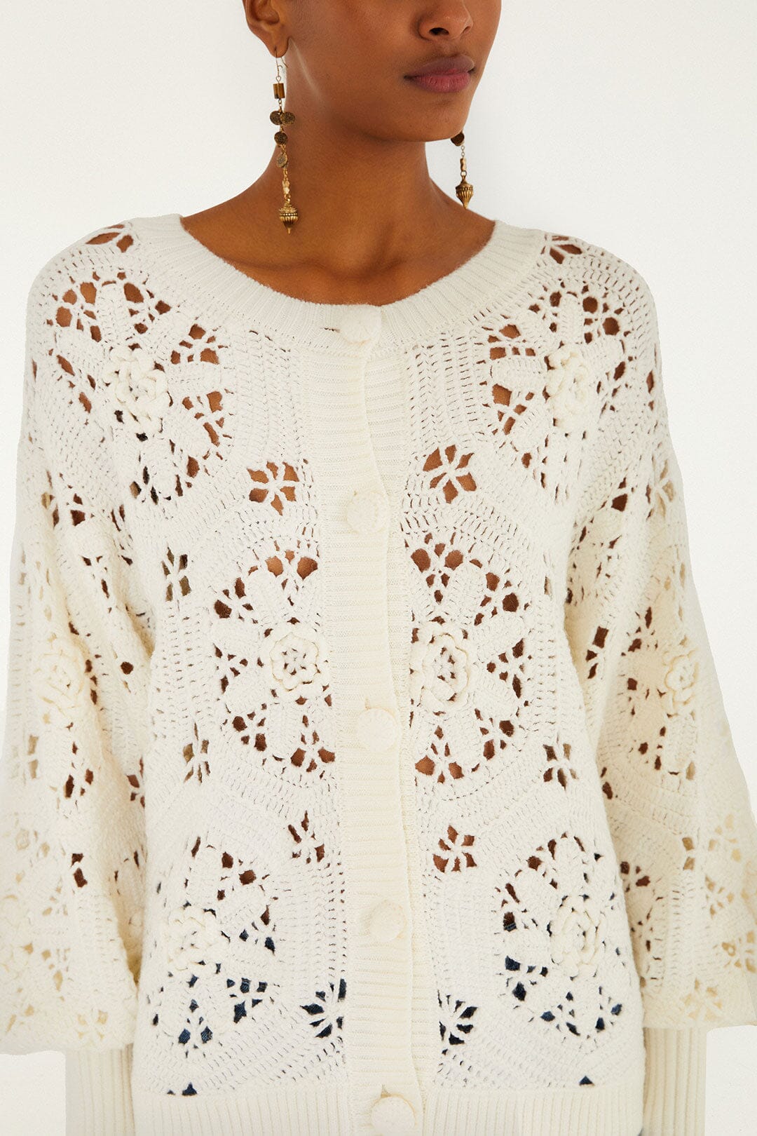 Farm Rio Off-White Crochet 3d Flower Knit Cardigan