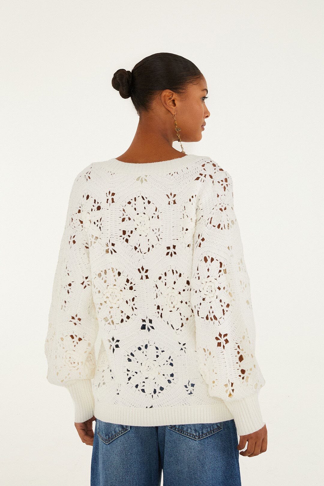 Farm Rio Off-White Crochet 3d Flower Knit Cardigan
