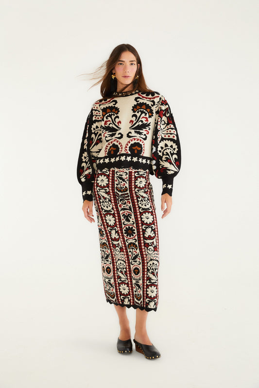 Farm Rio Stripes Winter Tapestry Knit Skirt