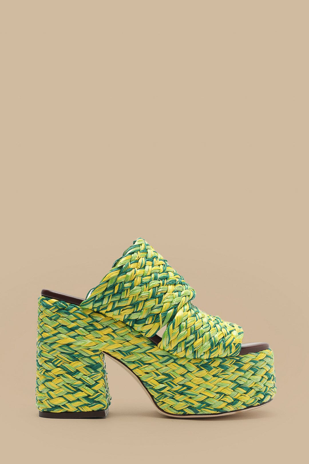  Green And Yellow Braided Raffia Platform Sandal