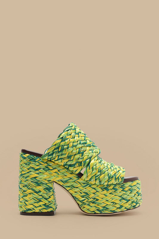  Green And Yellow Braided Raffia Platform Sandal