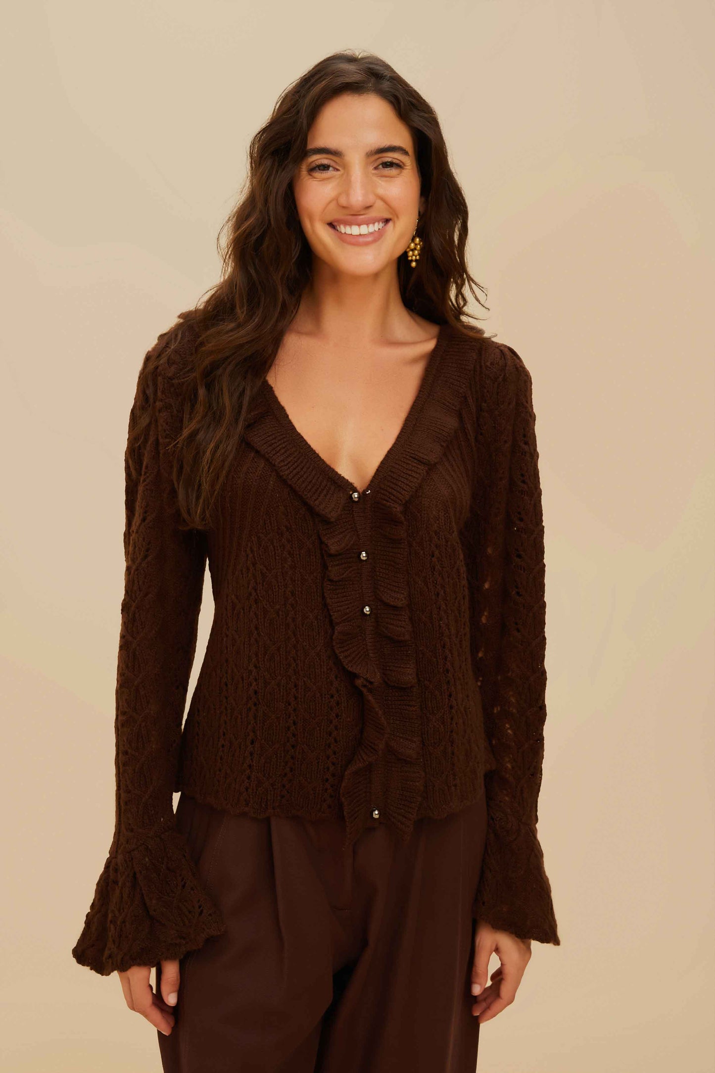  Lace Stitch Knit Ruffles Cardigan