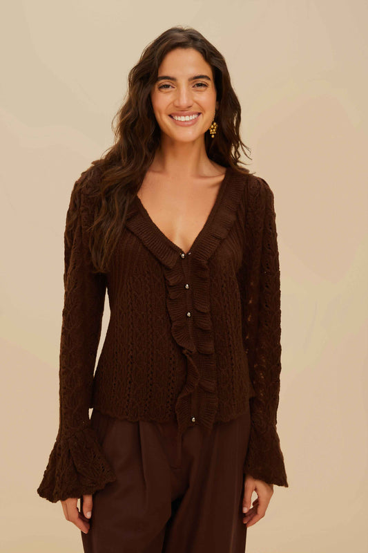  Lace Stitch Knit Ruffles Cardigan