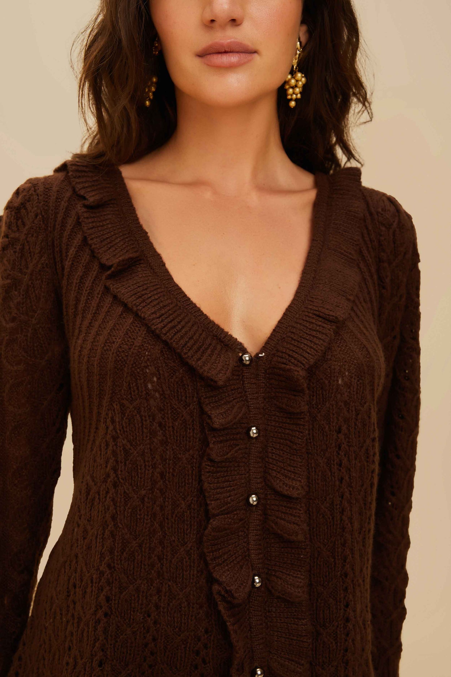  Lace Stitch Knit Ruffles Cardigan
