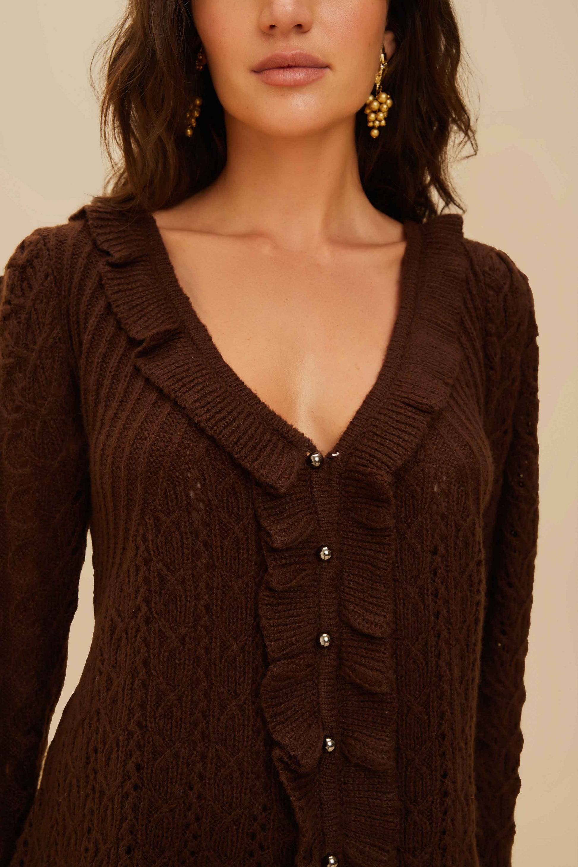  Lace Stitch Knit Ruffles Cardigan