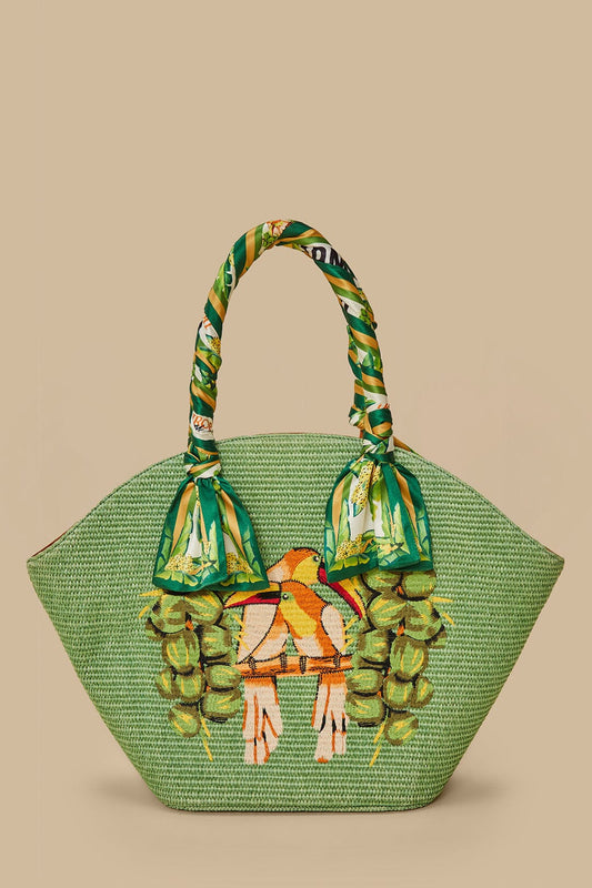  Green Coconut Toucan Raffia Shell Tote