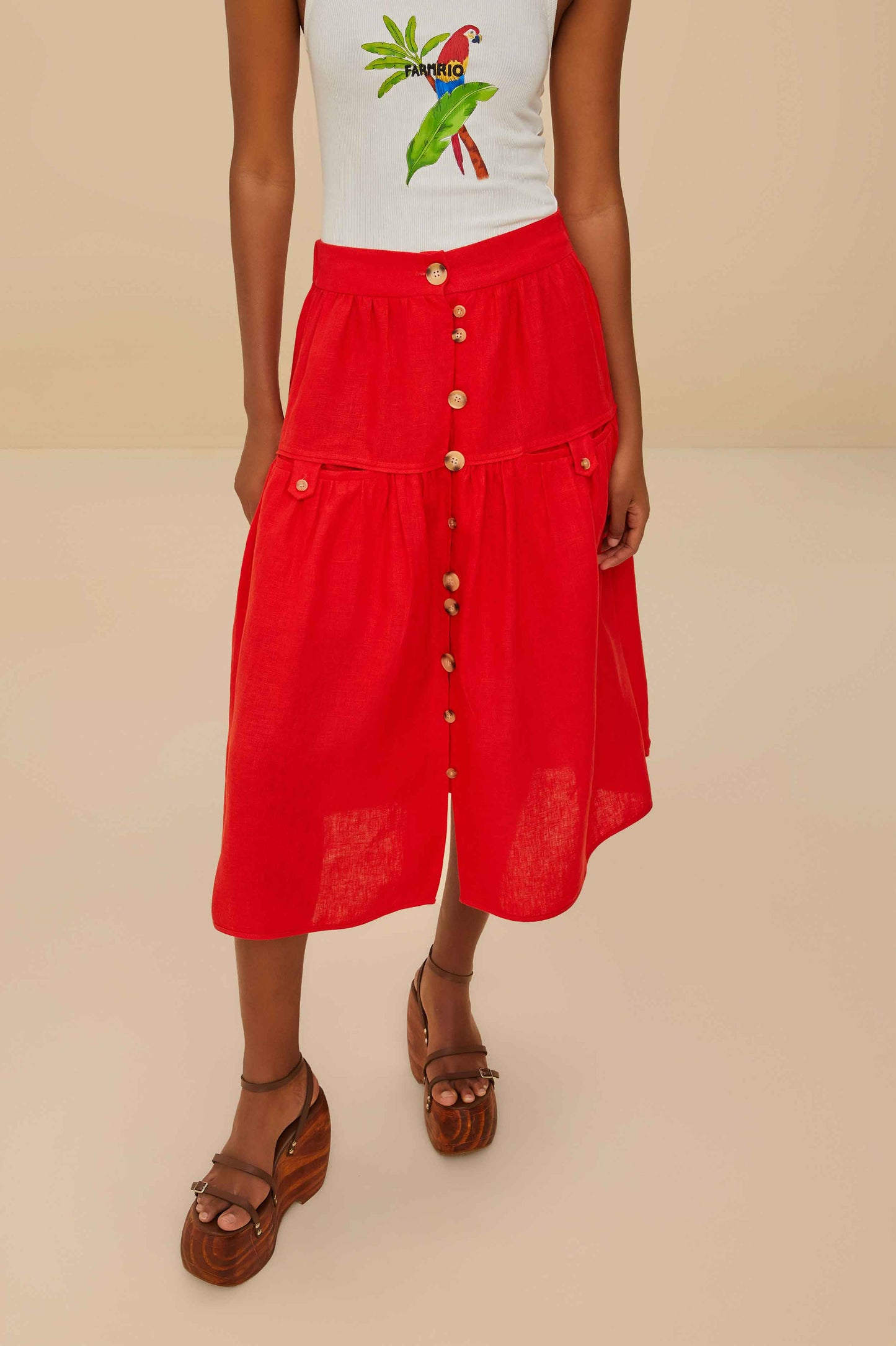  Red Mixed Buttons Euroflax™ Premium Linen Midi Skirt