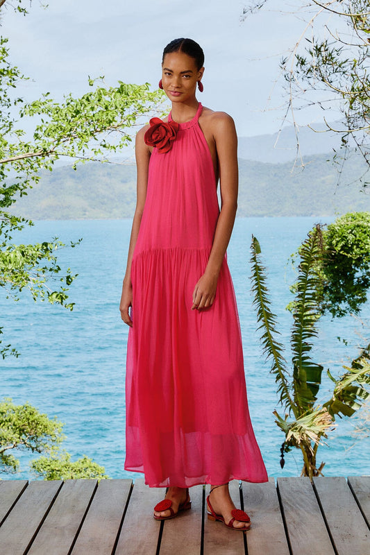  Pink Flower Halter Neck Maxi Dress